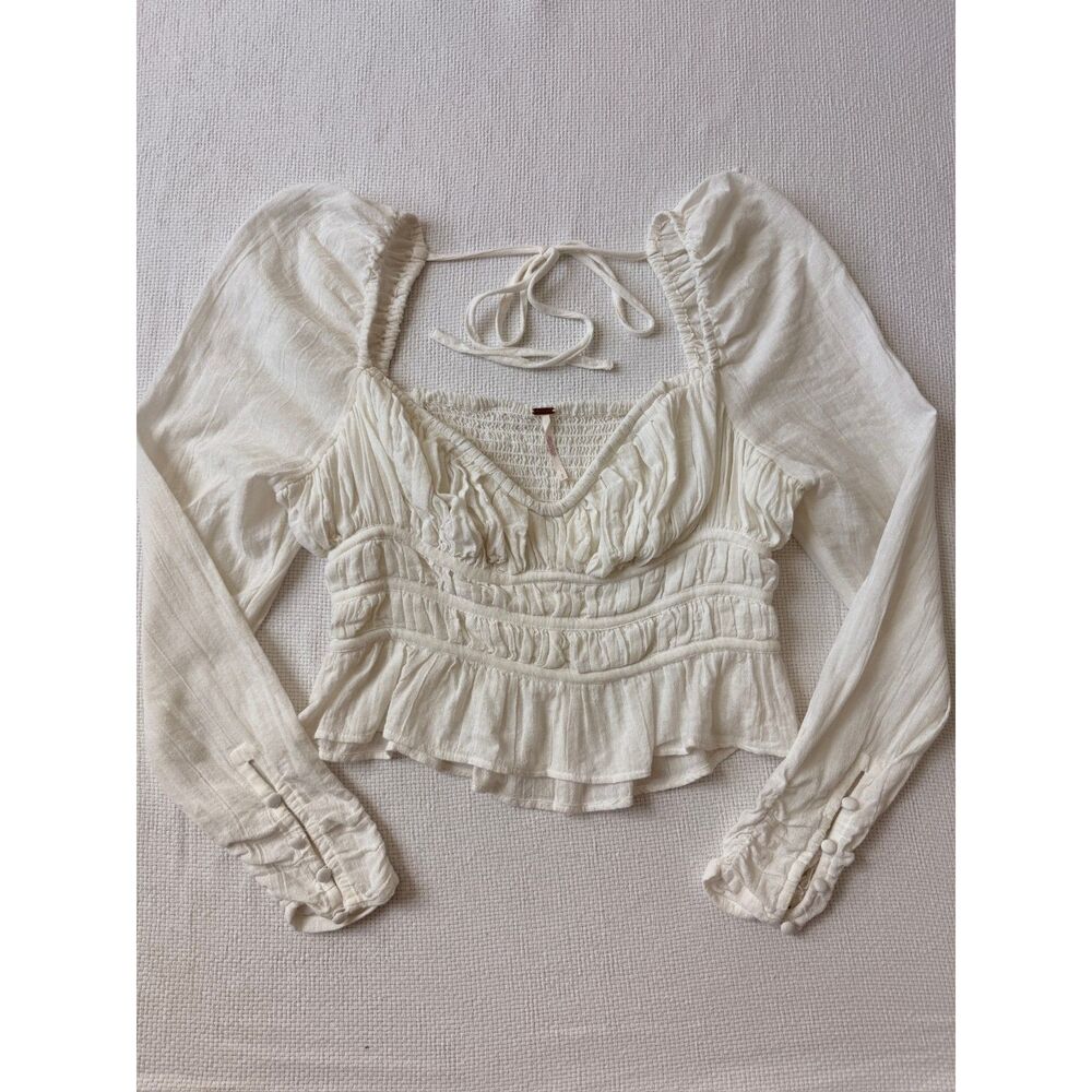 Free People Chloe Top S White Smocked Puff Sleeve Peplum Boho Cottagecore - Picture 5 of 7